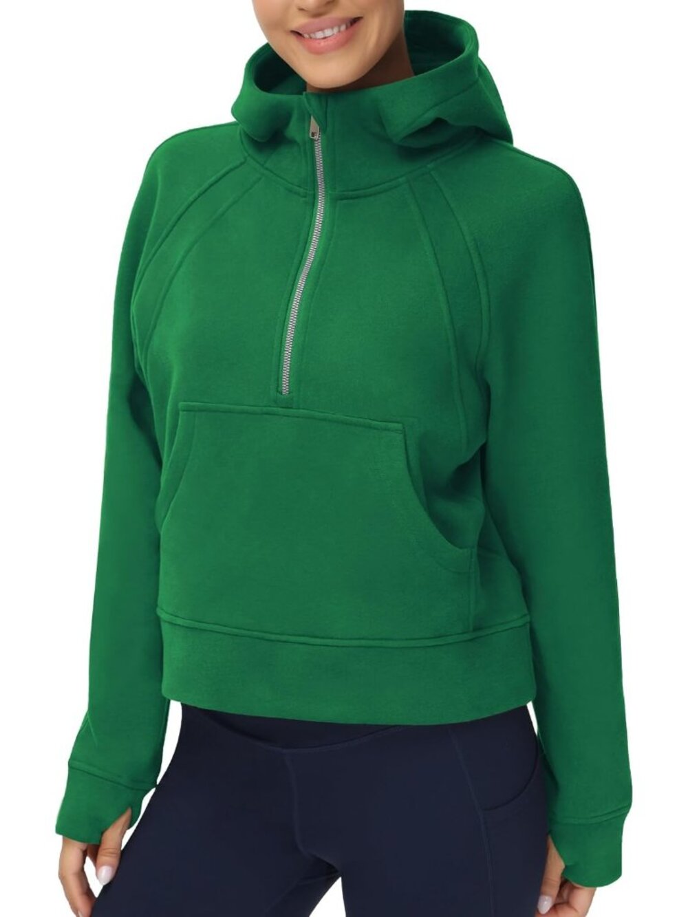 Women's Green Warm Fleece Lined Half Zip Thumb Hole Cropped Pullover Sweatshirt